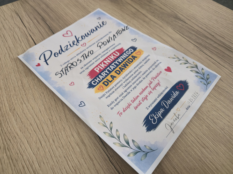 Podziękowanie Starostwu Powiatowemu w Augustowie Podziękowanie Starostwu Powiatowemu w Augustowie